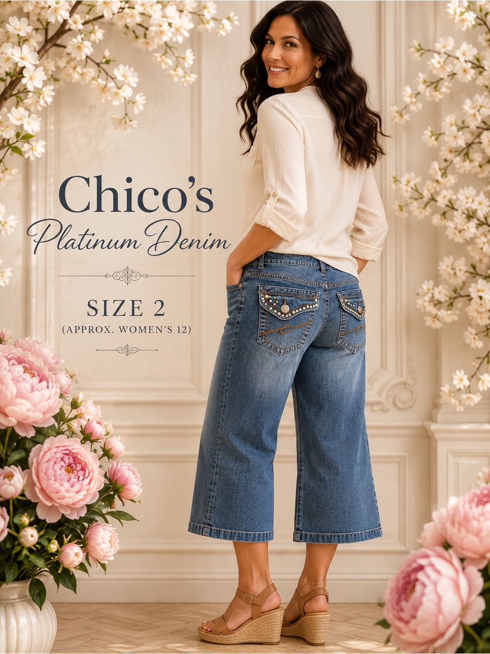 Chico’s Platinum Denim Embellished Capri Jeans Size 2 Approx Women’s 12